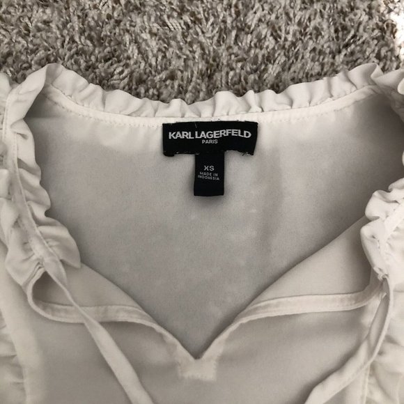 Karl Lagerfeld White 3/4 Bell Sleeve Ruffle Tie Neck Blouse Top Women's Sz XS - Picture 5 of 9